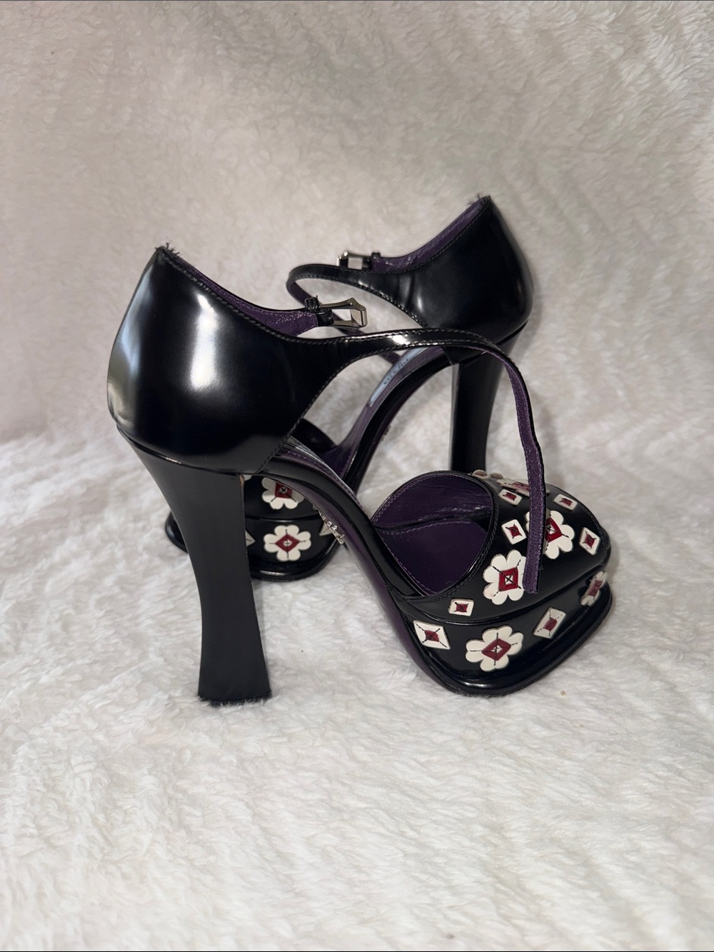 Prada Black Patent Platform Heels with White & Red Floral Appliqué